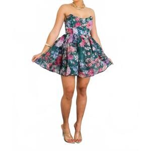 NEW SURELYMINE strapless fit flare mini dress in emerald floral
